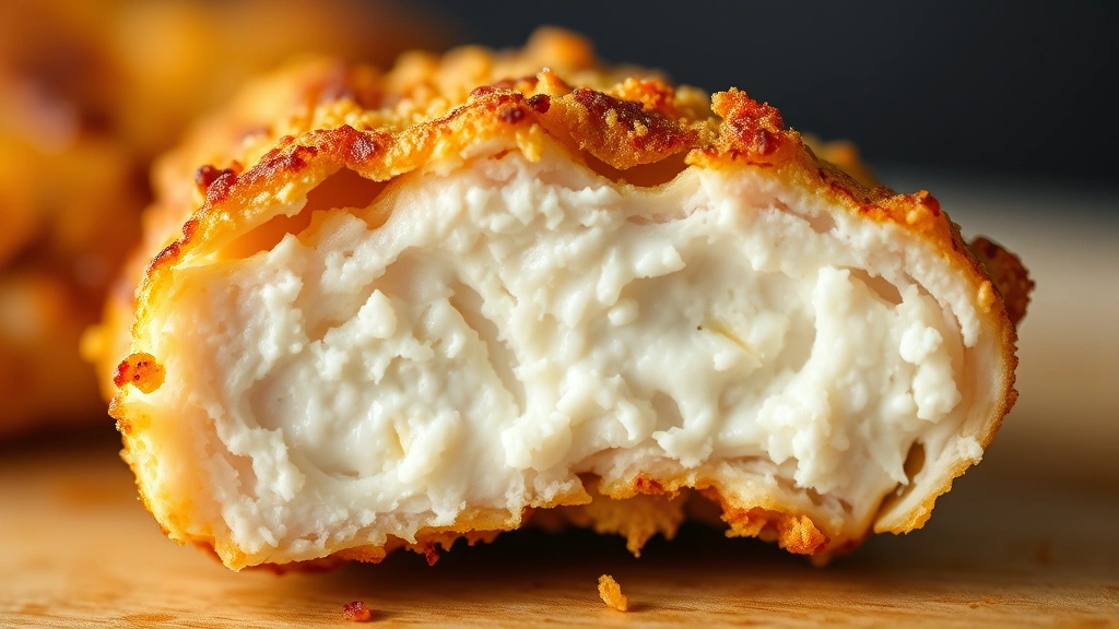 detail: cross-section of single baked chicken tender showing crispy golden exterior and juicy white interior, photorealistic, macro photography, natural light, no text