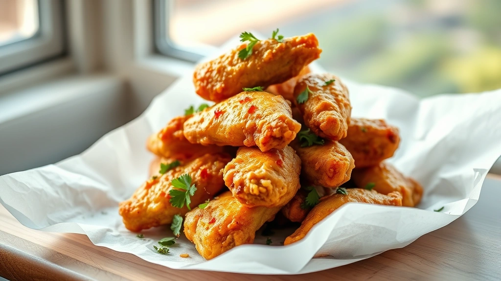 hero: Golden crispy baked chicken wings piled high on white parchment paper, garnished with fresh parsley and thyme, professional food photography, natural window light, shallow depth of field, appetizing and restaurant-quality, no text or watermarks