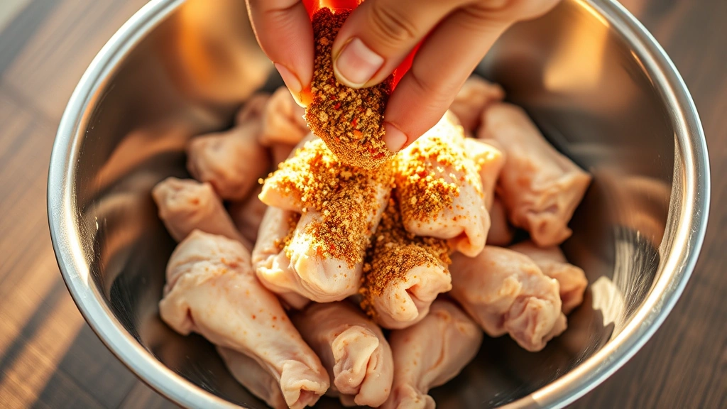 process: Hands tossing raw chicken wings with seasoning mixture in a stainless steel bowl, close-up action shot, golden afternoon light, crisp focus on the coating process, no text or watermarks
