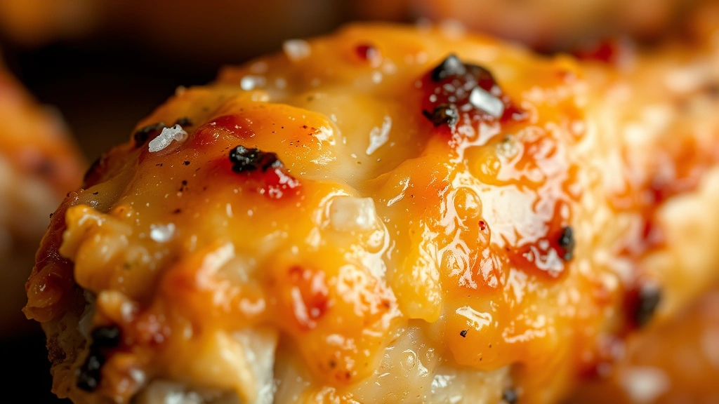 detail: Close-up macro shot of a single baked chicken wing showing the bubbly, crispy, deeply golden skin texture with herbs and sea salt crystals visible, shallow depth of field, warm natural light, no text or watermarks