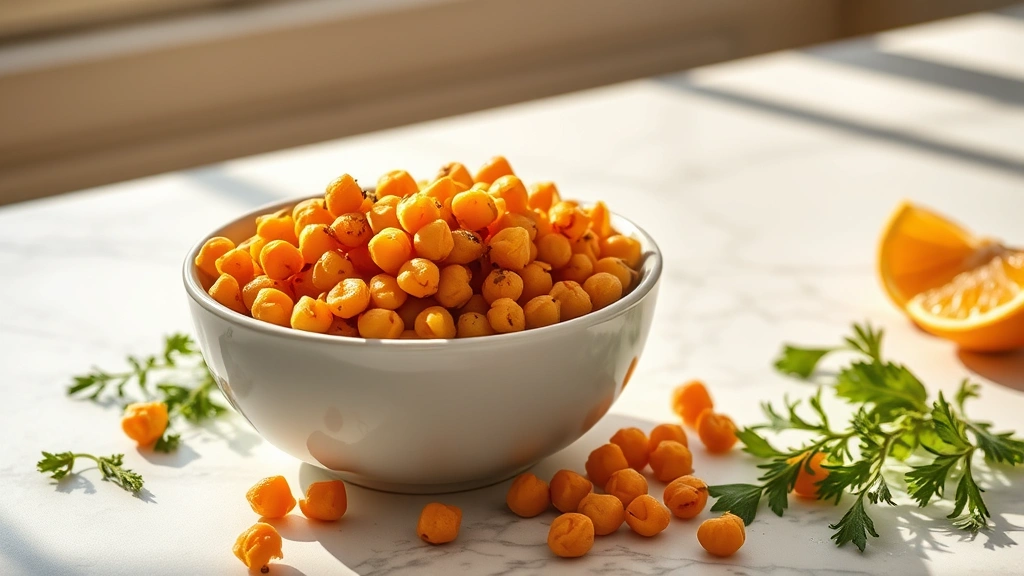 hero: golden crispy baked chickpeas in white ceramic bowl on marble countertop, warm natural sunlight streaming from left side, fresh herbs scattered nearby, no text or watermarks