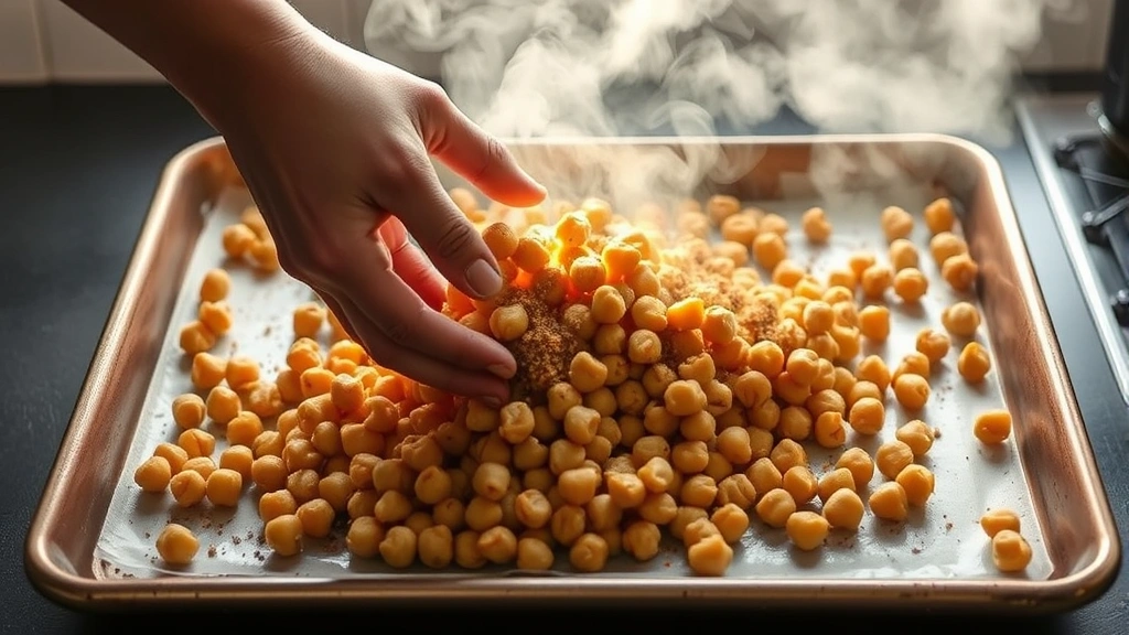 process: hands tossing seasoned chickpeas on baking sheet mid-roast, steam visible, natural kitchen light, no text or watermarks