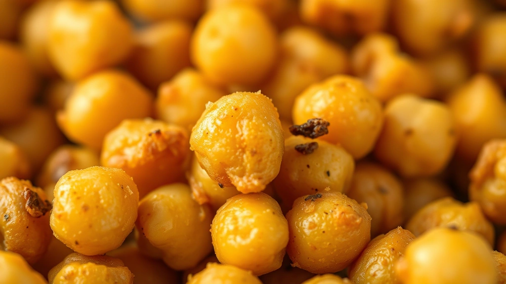 detail: close-up macro shot of individual crispy golden chickpea showing texture and seasoning coating, shallow depth of field, natural daylight, no text or watermarks