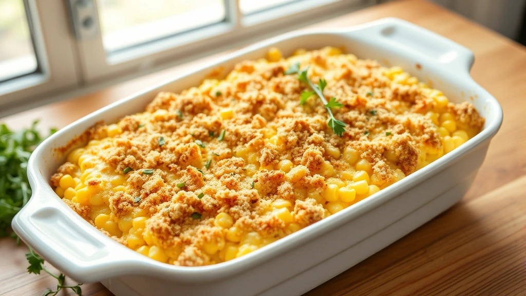 hero: golden baked corn casserole with crispy cheese and breadcrumb topping in white baking dish, steam rising, fresh herbs garnish, natural window light, wooden table background