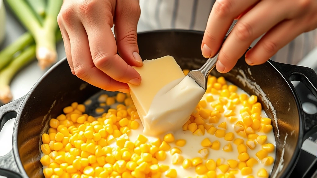 process: hands stirring corn and cream mixture in cast iron skillet, butter melting, fresh corn kernels visible, bright kitchen lighting, close perspective