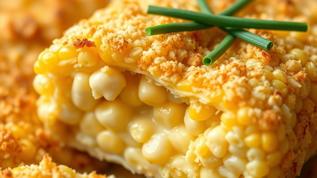 detail: close-up cross-section of baked corn showing creamy interior with corn kernels and melted cheese, crispy golden-brown breadcrumb topping, fresh chive garnish on top, shallow depth of field
