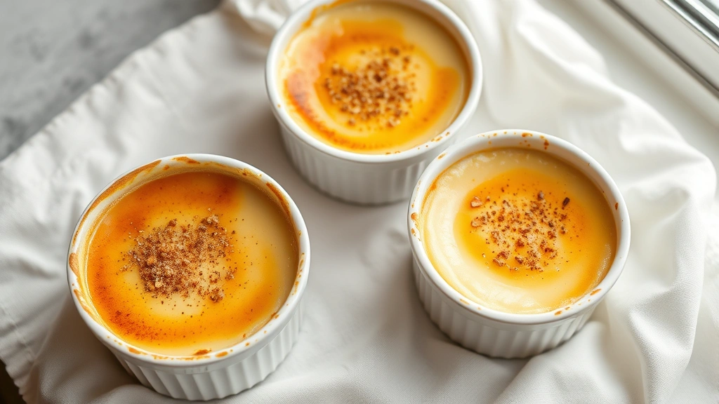 hero: three ramekins of baked custard with nutmeg on top, golden brown exterior, creamy pale interior, photographed from above on white linen, soft natural window light, shallow depth of field