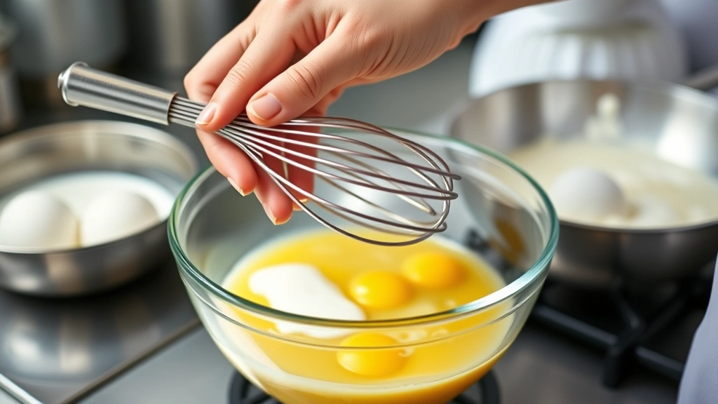 process: hand holding whisk over bowl tempering eggs with warm cream, golden mixture, professional kitchen setting, soft diffused lighting, action shot
