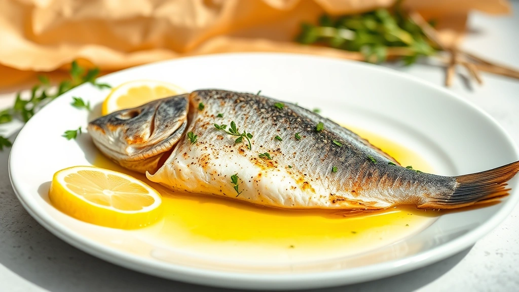 hero: perfectly baked dolphin fish fillet on white plate with fresh lemon slices and fresh herbs, parchment paper background, golden butter sauce, natural daylight from side, shallow depth of field, appetizing presentation