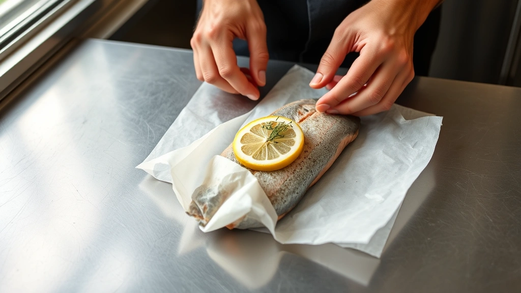 process: hands carefully folding parchment paper packet around raw seasoned fish with lemon and herbs visible inside, stainless steel counter, natural window light, action shot showing technique