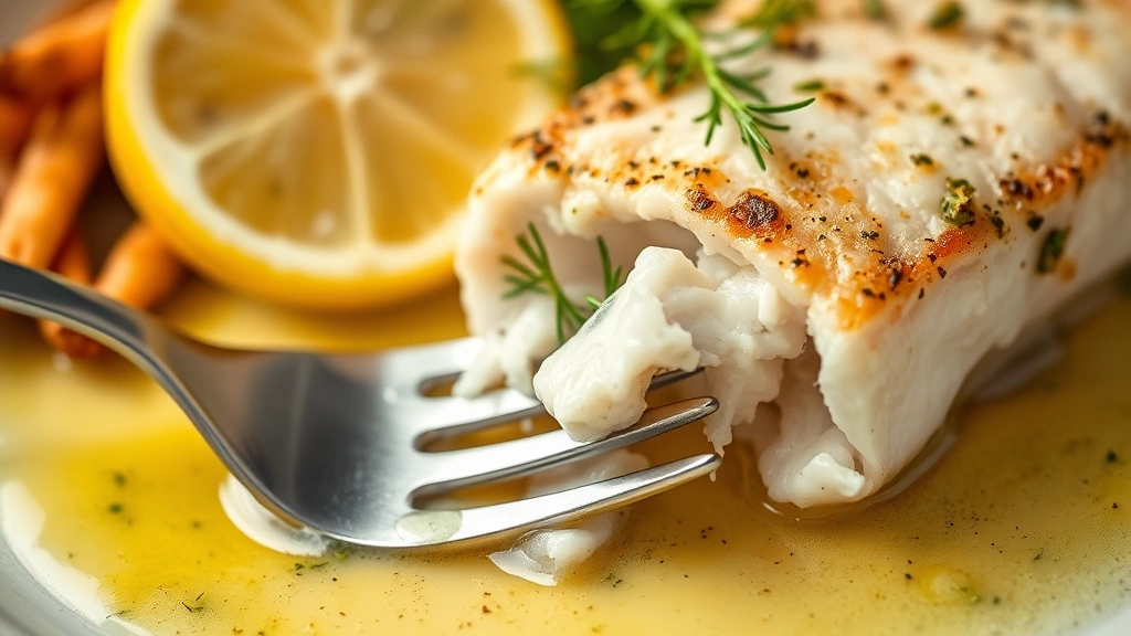 detail: close-up of cooked dolphin fish flaking with fork, golden herb butter sauce pooling, fresh dill garnish, lemon slice, shallow focus on fork and flaking texture, warm professional lighting