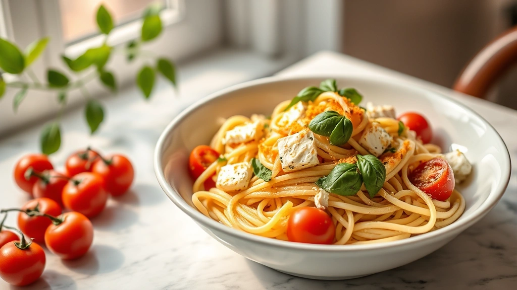 hero: baked feta pasta in white bowl with cherry tomatoes, fresh basil, and golden cheese, photorealistic, natural window lighting, warm ambiance, no text, on marble table