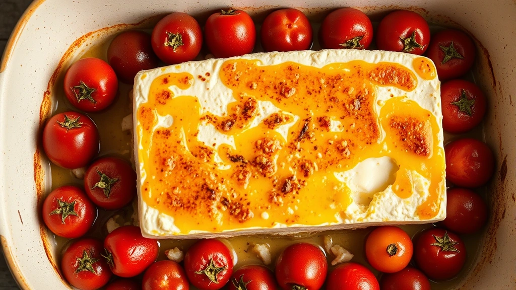 process: golden roasted feta block surrounded by burst cherry tomatoes in baking dish, photorealistic, natural overhead lighting, no text, showing melted cheese