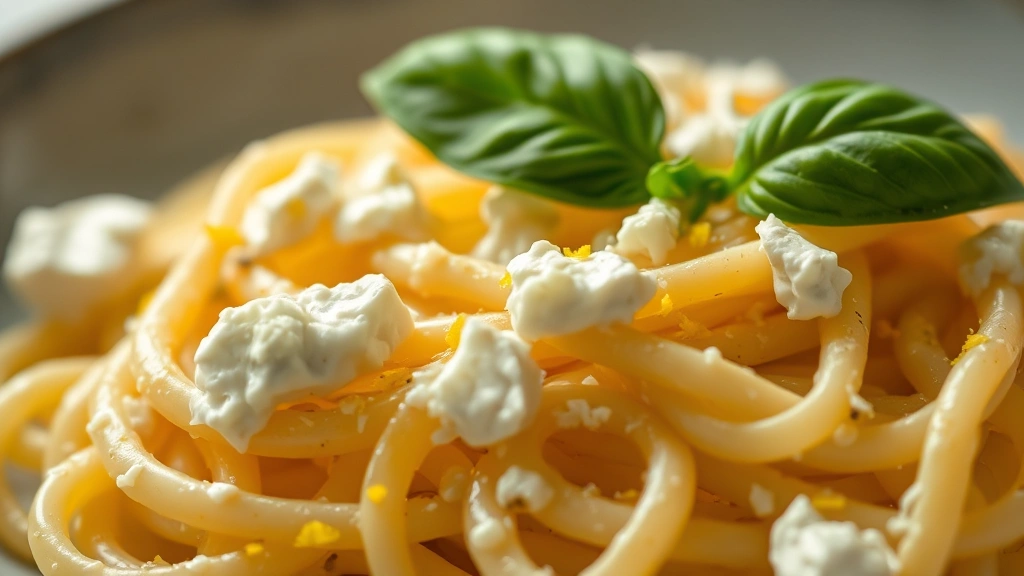 detail: close-up of creamy pasta coated with melted feta sauce, fresh basil leaf, lemon zest sprinkle, photorealistic, shallow depth of field, natural lighting, no text
