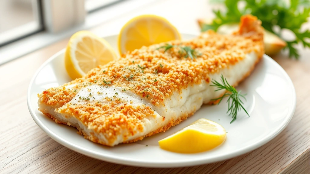 hero: perfectly baked haddock fillet with golden panko breadcrumb crust, fresh lemon wedges, garnished with dill and parsley on white plate, natural window light, coastal aesthetic, no text