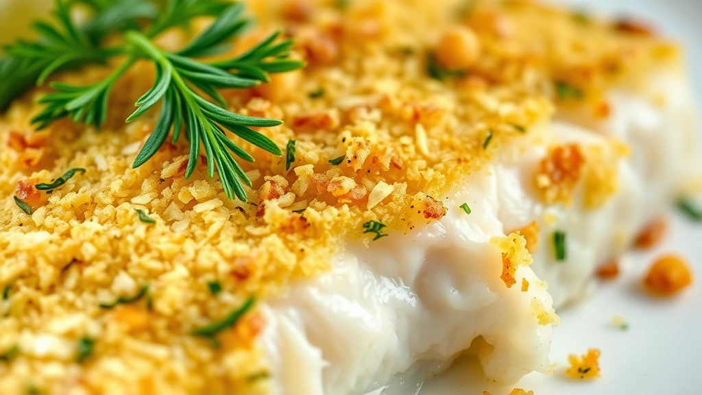 detail: close-up of baked haddock showing crispy golden breadcrumb crust texture, flaky white fish interior, fresh dill garnish, lemon zest visible, shallow depth of field, no text
