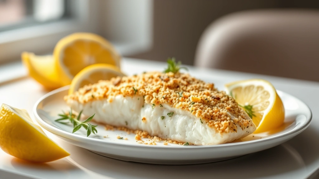 hero: perfectly baked haddock fillet with golden crispy herb breadcrumb topping on white plate, fresh lemon wedges and green herbs garnish, bright natural window light, shallow depth of field, elegant plating