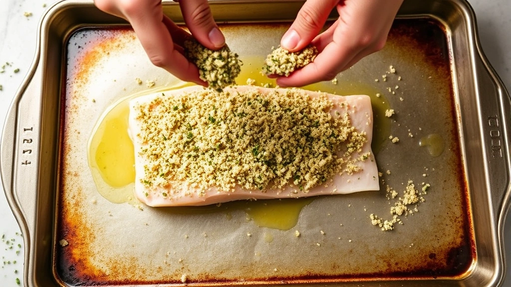 process: hands sprinkling herb breadcrumb mixture over raw haddock fillet on baking sheet, melted garlic butter visible, preparing for oven, natural kitchen light, close overhead angle