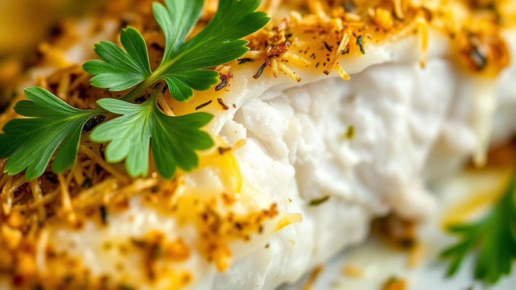 detail: close-up cross-section of baked haddock showing flaky white interior and crispy golden herb topping, lemon zest visible, fresh parsley garnish, macro photography with shallow focus