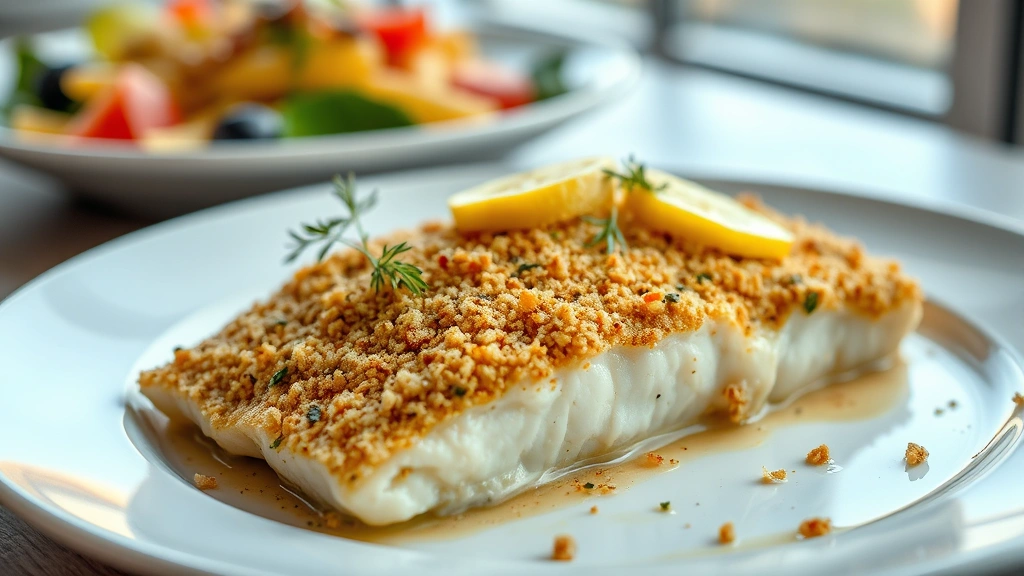 hero: perfectly baked halibut fillet with golden breadcrumb topping, fresh lemon slices and herbs, steaming hot on white plate with blurred pasta and salad in background, natural window light, professional food photography, appetizing