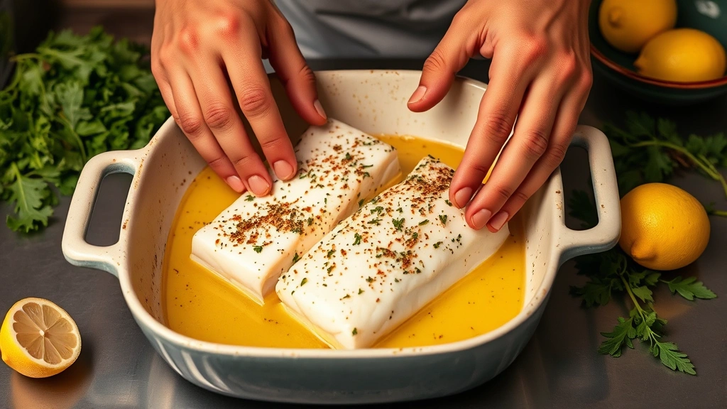 process: hands carefully placing seasoned halibut fillet in buttered baking dish, fresh herbs and lemon visible, warm kitchen lighting, cooking preparation in progress