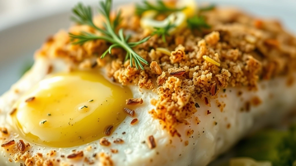 detail: close-up of cooked halibut showing flaky texture, melted herb butter, crispy panko topping, fresh dill and lemon zest garnish, shallow depth of field, golden hour lighting