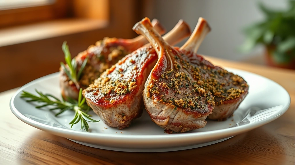 hero: perfectly baked lamb chops with herb crust on white plate, golden brown exterior, garnished with fresh rosemary sprigs, warm natural window lighting from side, shallow depth of field, elegant plating