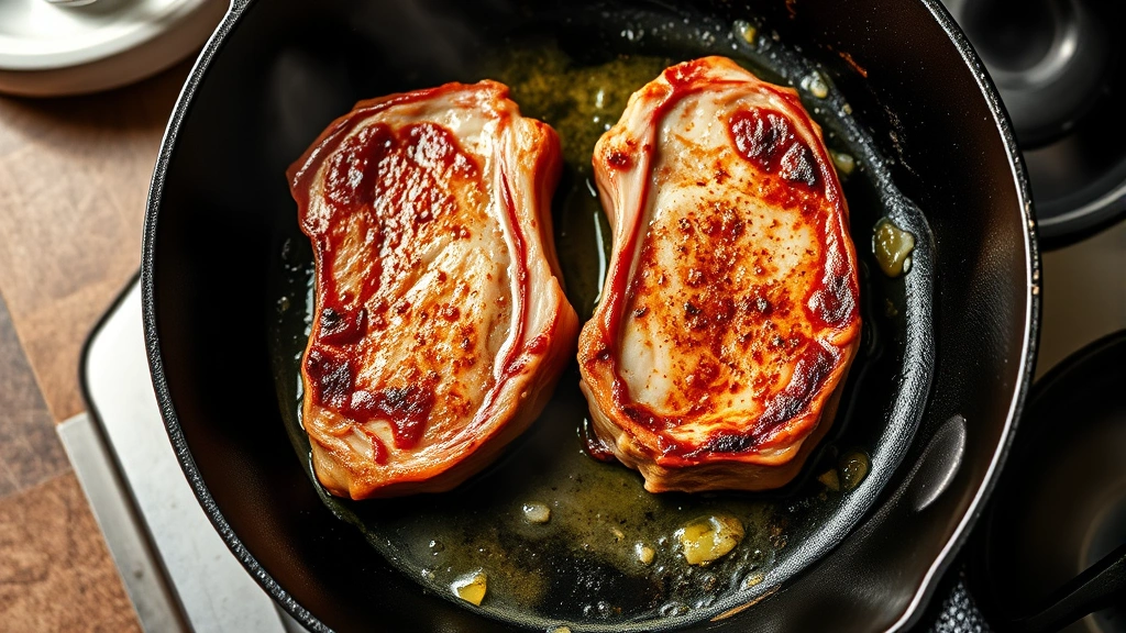 process: searing lamb chops in cast iron skillet, golden crust forming, butter and garlic visible, steam rising, professional kitchen lighting, overhead angle