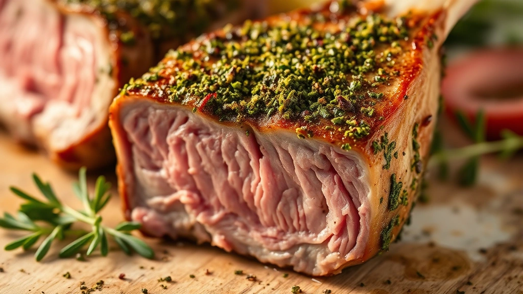 detail: close-up of single lamb chop showing herb-crusted exterior and pink medium-rare interior, cross-section visible, fresh herbs scattered nearby, macro photography, warm golden hour lighting