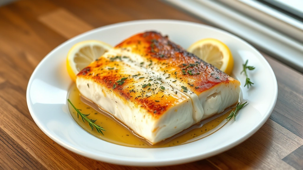 hero: perfectly baked mahi mahi fillet on white plate with lemon slices, fresh herbs, and pan sauce, golden brown exterior, photorealistic, natural window light, no text, shallow depth of field