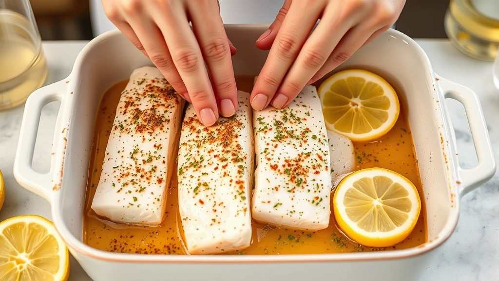 process: hands placing seasoned mahi mahi fillets into baking dish with white wine and lemon slices, photorealistic, bright kitchen lighting, no text