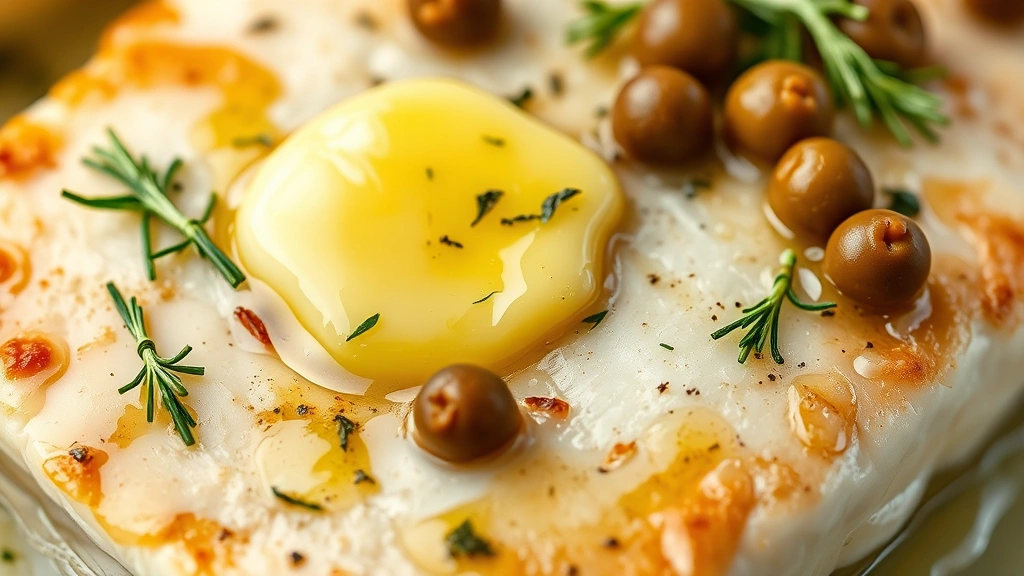 detail: close-up of flaky baked mahi mahi texture with melted butter, fresh dill, and capers, photorealistic, macro photography, natural light, no text