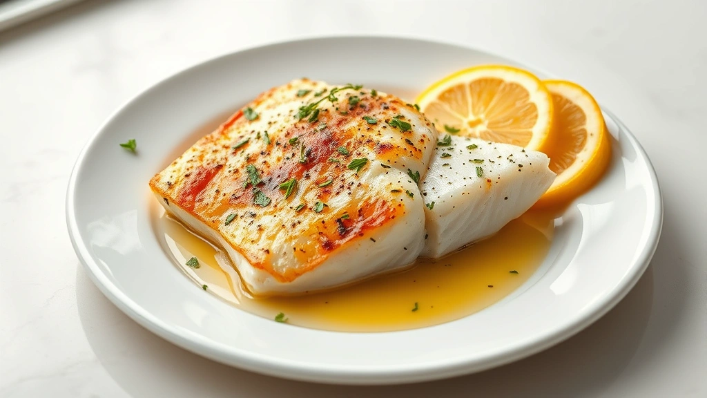 hero: baked mahi mahi fillet on white plate with lemon slices, fresh herbs, and golden pan juices, photorealistic, natural window light, professional food photography