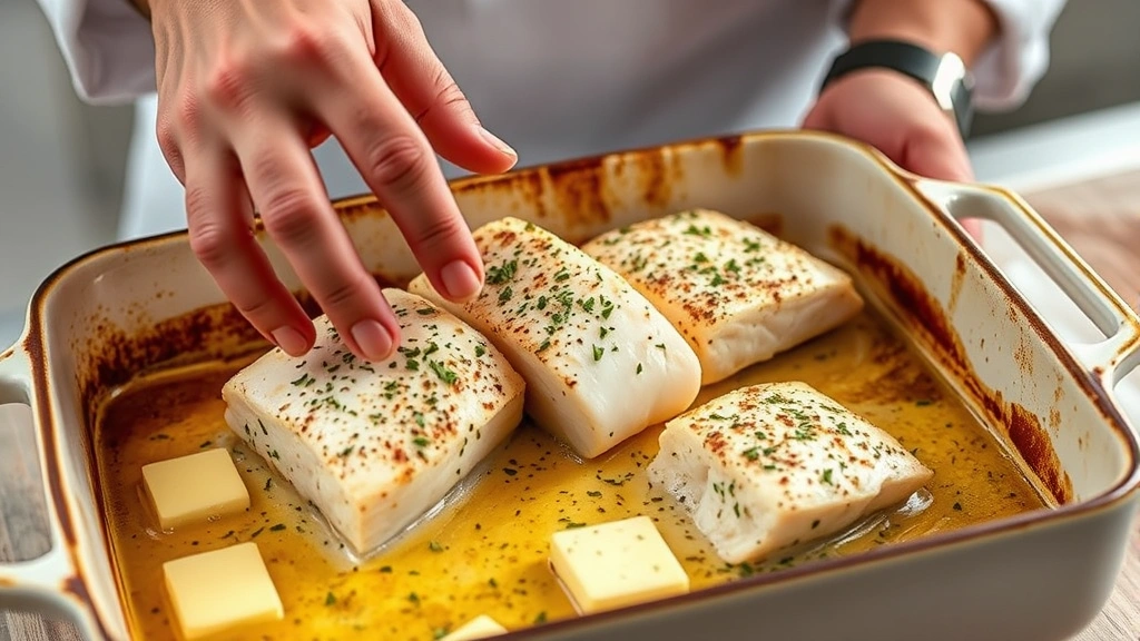 process: chef placing seasoned mahi mahi fillets in baking dish with butter and herbs, hands visible, photorealistic, bright kitchen lighting, no text