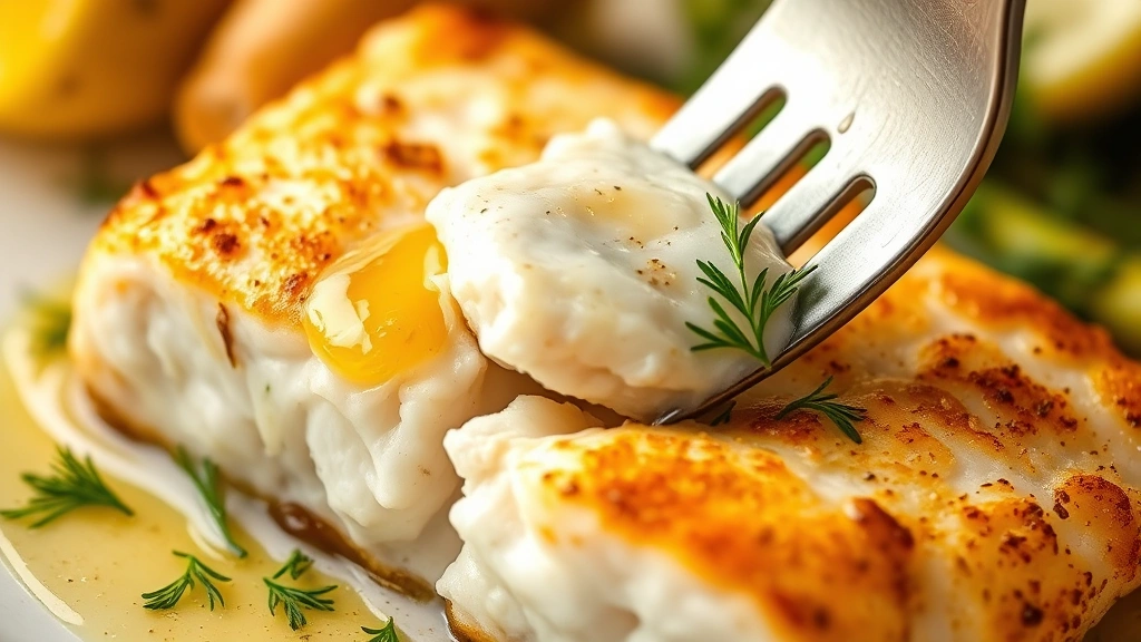 detail: close-up of golden baked mahi mahi fillet flaking with fork, melted butter and fresh dill visible, photorealistic, shallow depth of field, no text