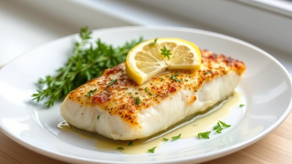 hero: golden baked mahi-mahi fillet with herb butter crust and lemon garnish on white plate, photorealistic, natural window light, fresh herbs visible, no text