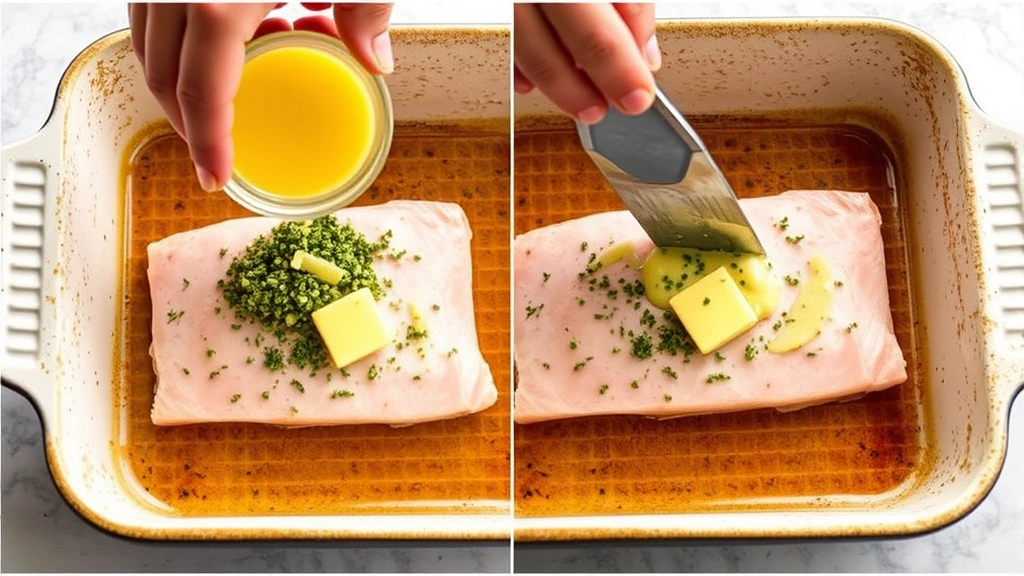 process: spreading herb butter mixture on raw mahi fillet in baking dish, photorealistic, natural light from above, hands visible, no text