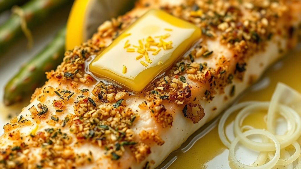 detail: close-up of crispy herb-panko crust on baked mahi with melted butter and lemon zest, photorealistic, shallow depth of field, natural light, no text