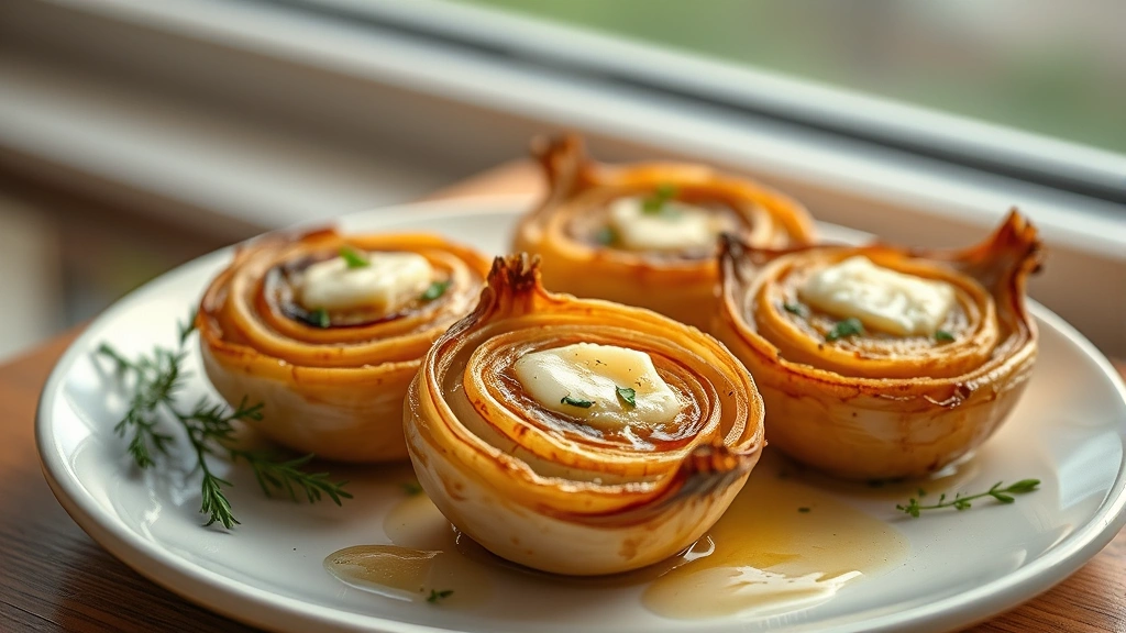 hero: four baked golden-brown onion halves arranged on white plate with fresh herbs and butter, warm natural window light, shallow depth of field