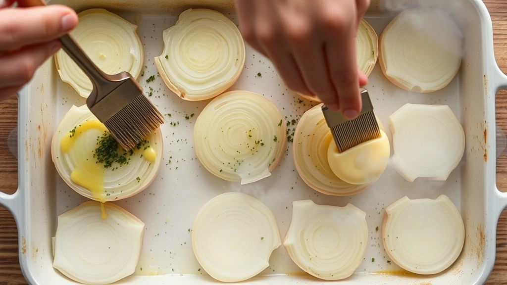 process: hands brushing herb butter mixture onto cut onion halves in baking dish, overhead shot, natural daylight, steam visible