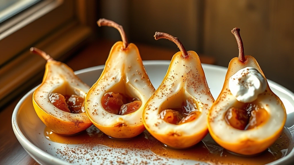 hero: four golden baked pears halved with caramelized brown sugar filling, whipped cream dollop, cinnamon sprinkle, warm glow, photorealistic, natural window light, no text