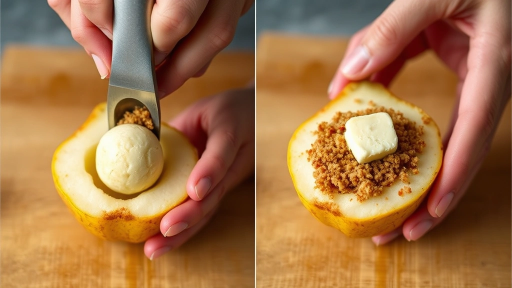 process: hands scooping pear core with melon baller, brown sugar spice mixture being pressed into pear cavity, butter being dotted on top, photorealistic, natural light, no text