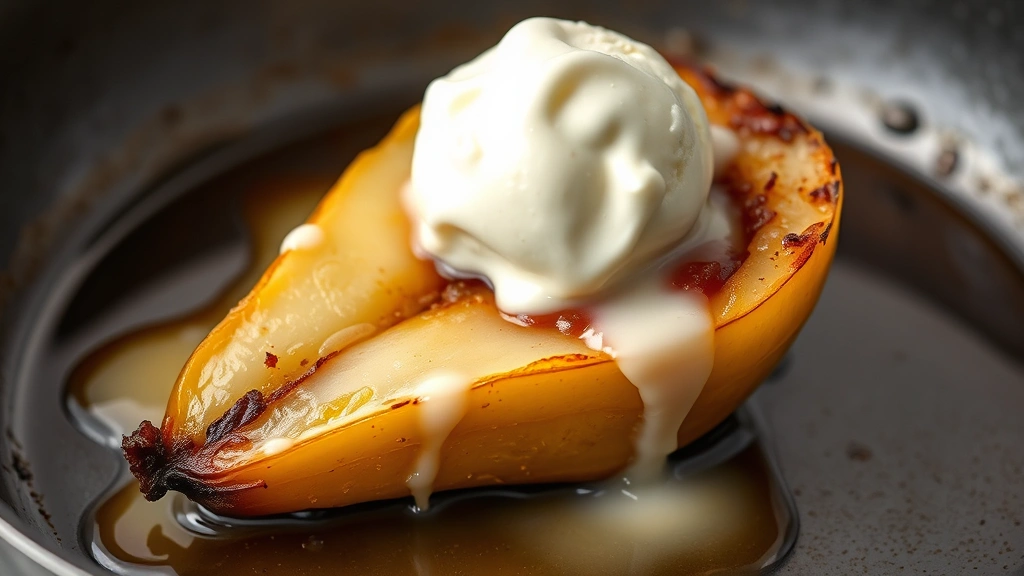 detail: close-up of single baked pear half with caramelized filling, melting vanilla ice cream on top, pan juices pooling around it, photorealistic, natural light, no text