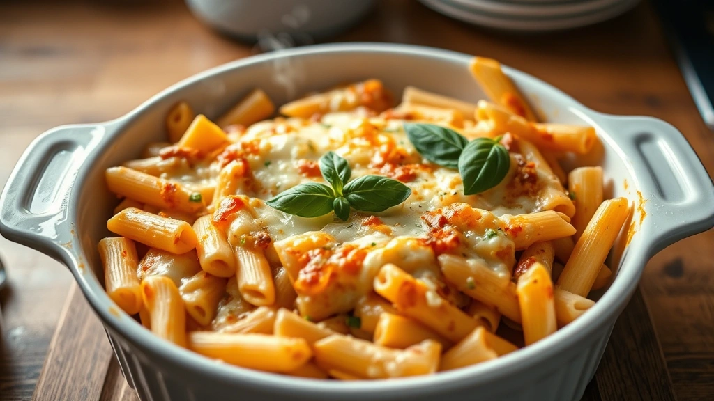 hero: bubbling baked penne pasta in white ceramic baking dish, golden melted cheese on top, fresh basil garnish, steam rising, warm kitchen lighting, shot from above at slight angle