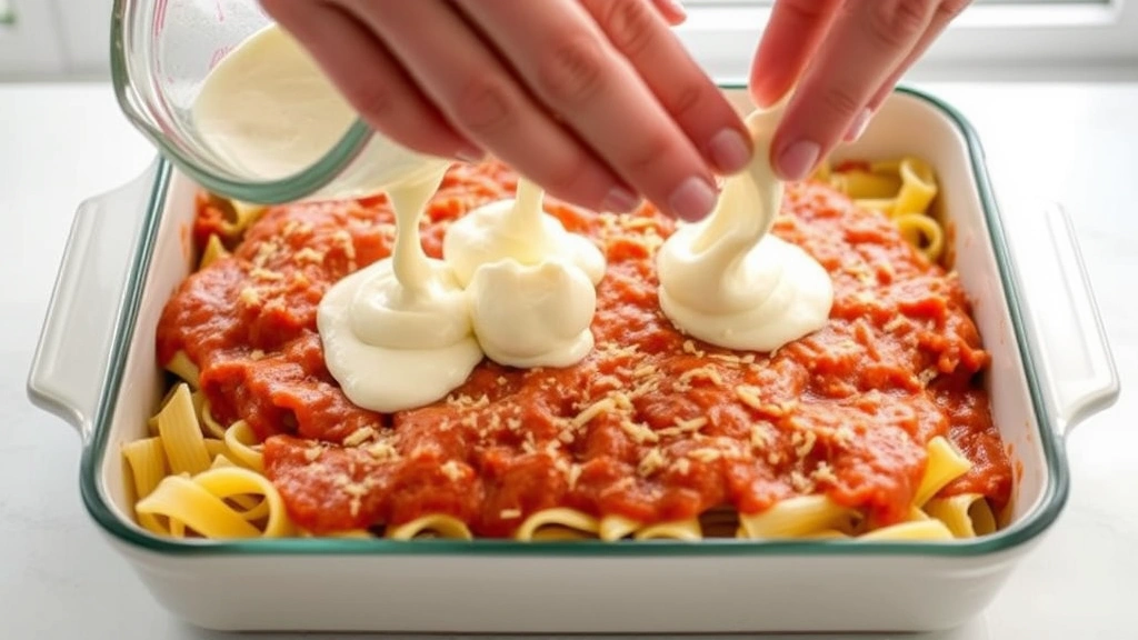 process: hands layering ricotta mixture over pasta in baking dish, showing distinct layers of sauce and cheese, natural daylight from window, action shot