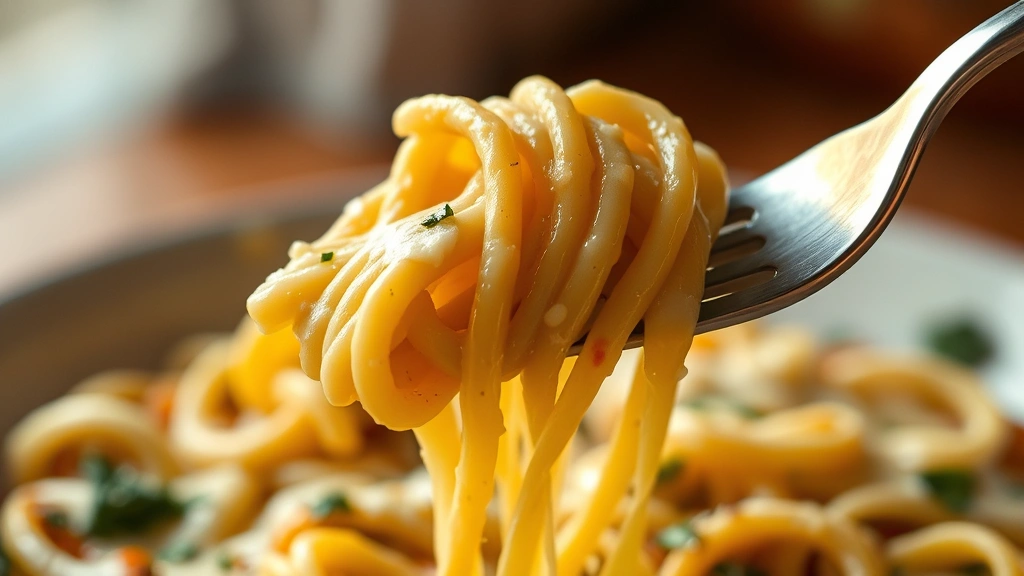detail: close-up of fork lifting creamy pasta with melted cheese stretching, showing the layers and texture, warm golden lighting, shallow depth of field