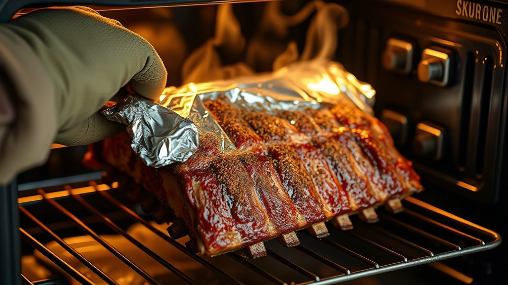 process: oven mitts removing foil-wrapped ribs from oven showing steam rising, ribs partially cooked with dry rub visible, golden edges forming, shallow depth of field focusing on ribs, warm kitchen lighting