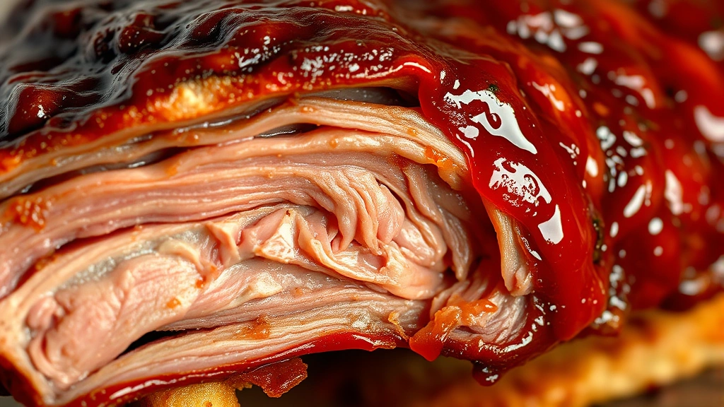 detail: extreme close-up of cooked rib cross-section showing tender meat pulling away from bone, glossy barbecue sauce coating, caramelized bark texture visible, photorealistic food photography, warm natural lighting
