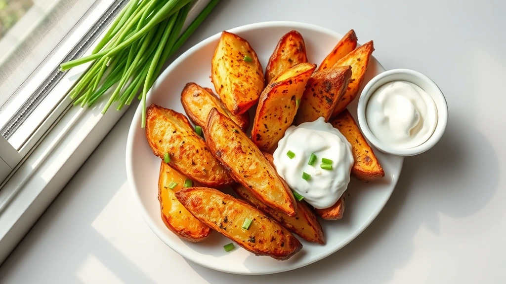 hero: golden crispy baked potato wedges on white ceramic plate with fresh chives and sour cream, photorealistic, natural window light, overhead shot, no text