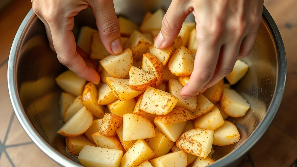 process: hands tossing cut potato wedges with oil and seasonings in stainless steel bowl, photorealistic, natural light, no text
